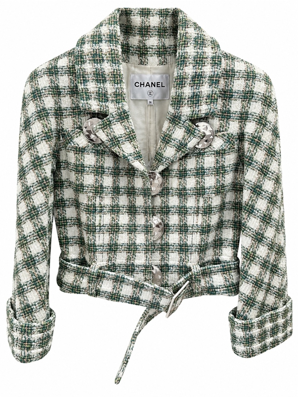 CHANEL Green and White Tweed Belted Cropped Jacket